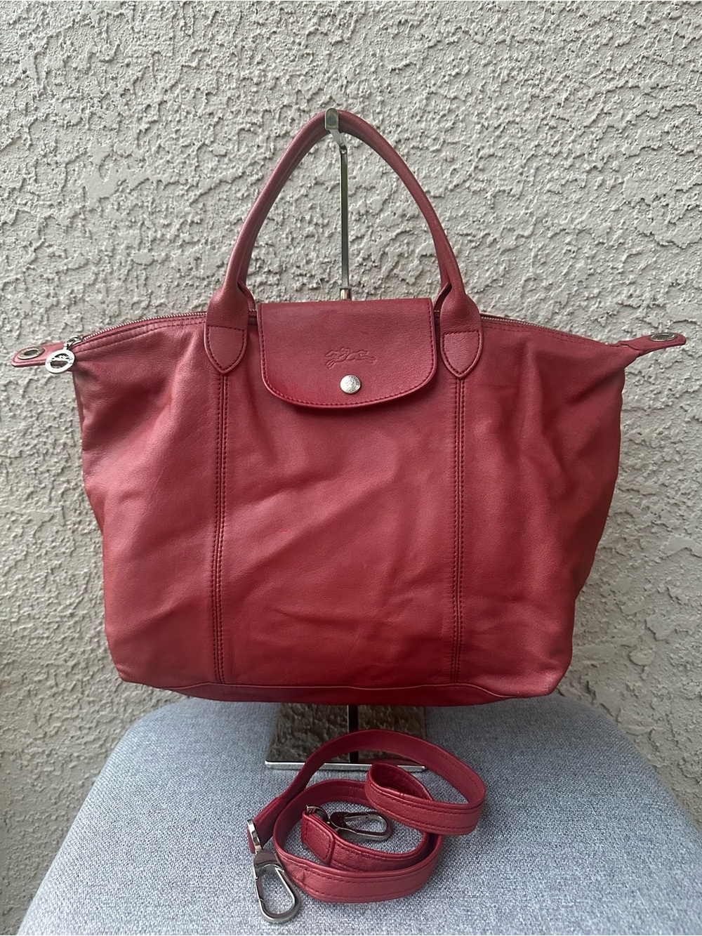 Longchamp Le Pliage Cuir Red Leather Tote with Removable Strap